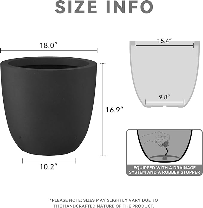 Kante 18 Inch Dia Round Concrete Planter, Indoor Outdoor Large Plant Pot with Drainage Hole and Rubber Plug for Home Patio Garden, Black