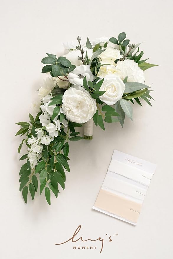 Artificial Bridal Bouquet, Ivory Cascading Silk Flowers with Pearls, 15 in
