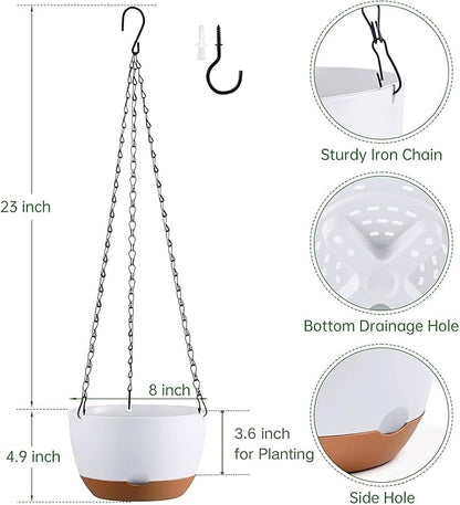 Hanging Planters for Indoor Plants, Set of 2 8/10 Inch Self-Watering Hanging Pots with Drainage Hole & Removable Water-Storage Tray II Screw-in Hooks