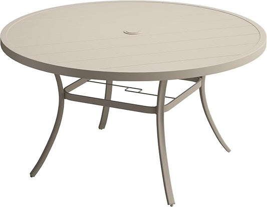 VICLLAX 50" Outdoor Round Patio Table with Umbrella Hole, All Weather Metal Round Outdoor Dining Table for Lawn Garden, 6-8 Person Table, Sandshell