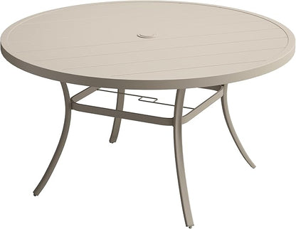 VICLLAX 63" Outdoor Round Patio Table with Umbrella Hole, All Weather Metal Round Outdoor Dining Table for Lawn Garden, 8-10 Person Table, Sandshell