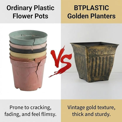 14 Inch Vintage Square Planter - 4 Pack Heavy Duty Antique Gold Plastic Flower Pot with Drainage & Raised Base, Retro Distressed Style Plant Container for Outdoor Patio, Porch, Indoor (7 Gallon)