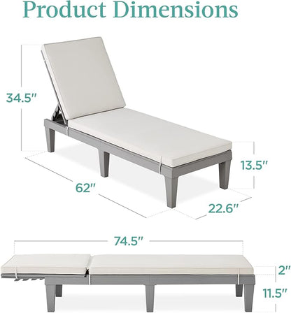 Best Choice Products Outdoor Lounge Chair, Resin Patio Chaise Lounger for Poolside, Backyard, Porch w/Seat Cushion, Adjustable Backrest, 5 Positions, 330lb Capacity - Gray/White Sand