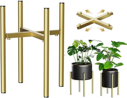 H HOMEXIN Adjustable Plant Stand Indoor, Metal Plant Stand 8 to 12 Inches, Single Floor Plant Pot Stand Mid Century Plant Holder for Indoor Outdoor Plants - Gold (Pot Not Include