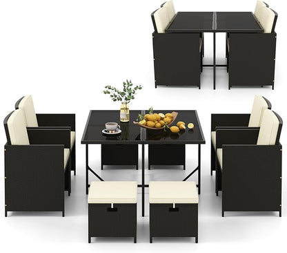 Tangkula 9 Pieces Outdoor Dining Furniture Set, Space-Saving Wicker Rattan Chairs & Tempered Glass Table with Ottomans, Cushioned Seat, Patio Conversation Set for Garden Yard Poolside