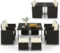 Tangkula 9 Pieces Outdoor Dining Furniture Set, Space-Saving Wicker Rattan Chairs & Tempered Glass Table with Ottomans, Cushioned Seat, Patio Conversation Set for Garden Yard Poolside