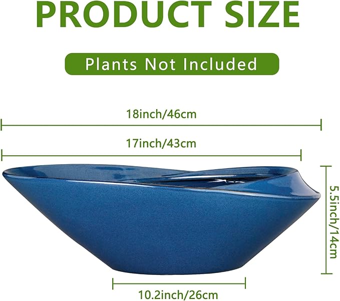 Blue Ceramic Bonsai Planter, 18 Inch Indoor Pot with Drainage Hole