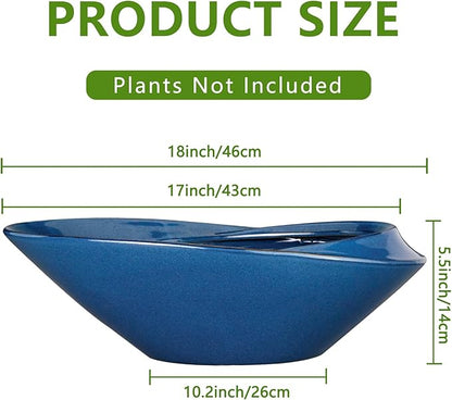 Blue Ceramic Bonsai Planter, 18 Inch Indoor Pot with Drainage Hole