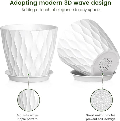 7 inch Plant Pots for Indoor Outdoor Plants, 5 Pack Thick Nursery Pots with Drainage Holes and Saucers, 3D Modern Wave Texture Plastic Planter Pots for Flowers and House Plants, Multicolor