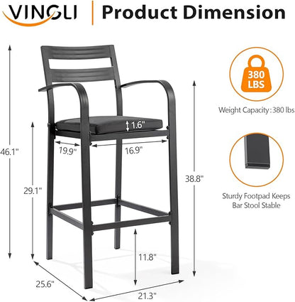 VINGLI Outdoor Bar Stools Set of 2, All-Weather Bar Height Aluminum Stools with 1.6" Thick Cushion, Rust-Proof Patio Chairs for Backyard, Poolside, Balcony & Kitchen Island (Dark Gray)