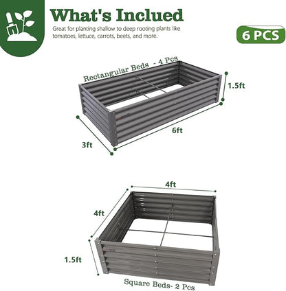 A ANLEOLIFE Set of 6, 18 Inch Tall Quartz Grey Raised Garden Beds Kit, Rectangular & Square Metal Planters for Structured Garden Layouts