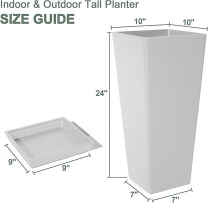24" Tall White Planters for Outdoor Plants Set of 2, Large Flower Pots Planters with Drainage Holes & Tray, Modern Indoor Tapered Tall Planter for Front Porch