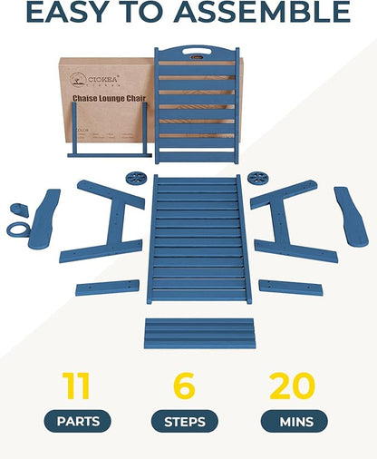 Ciokea Lounge Chair Outdoor, Oversized Chaise Lounge Chair with 5 Positions, HDPE, Patio Lounge Chair with Wheels & Cup Holder for Pool, Deck, Poolside, Azure Blue