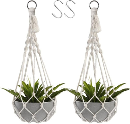 Artilady Macrame Plant Hanger Large Hanging Planter for Indoor Plants Holder White Cotton Rope Hanging Plant Basket Handmade Outdoor Window Boho Plant Wall Decor (White Macrame-2pcs)