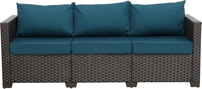 WAROOM Patio Couch PE Rattan 3-Seat Outdoor Sofa Brown Wicker Furniture Set Deep Seating with Anti-Slip Peacock Blue Cushion