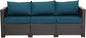 WAROOM Patio Couch PE Rattan 3-Seat Outdoor Sofa Brown Wicker Furniture Set Deep Seating with Anti-Slip Peacock Blue Cushion