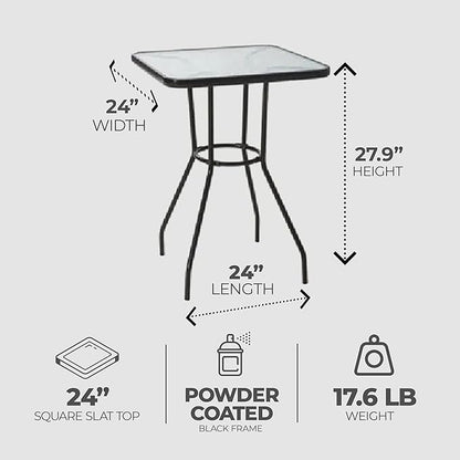 Four Seasons Courtyard Sunny Isles 24 Inch Outdoor Patio Bistro Dining Table Backyard Squared Furniture with Tempered Glass Tabletop, Black
