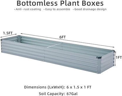 2 Pack 6x1.5x1FT Galvanized Raised Garden Bed Kit, Outdoor Metal Planter Box for Vegetables, Bottomless Rectangular Gardening Bed with Support Rods, Tool-Free Assembly, Gray