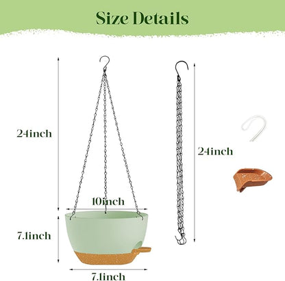 2 Pack 10 Inch Self Watering Hanging Planters for Indoor Plants, Large Green Brown Plastic Hanging Pots with Chains for Outdoor Patio Garden Home Decor (Green Brown)