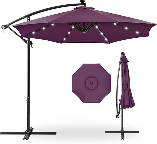 Best Choice Products 10ft Solar LED Offset Cantilever Hanging Market Patio Umbrella, 8 Sturdy Ribs, Easy Adjustment - Amethyst Purple