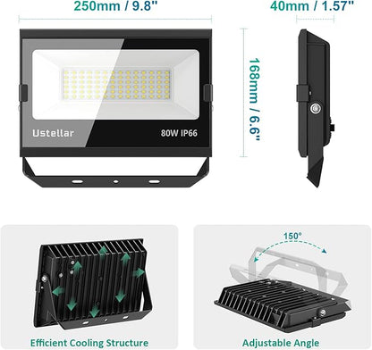 USTELLAR 3 Pack 80W LED Flood Lights Outdoor Hardwired Bright 800W Equiv. 24000LM Security Light Outside Lamp IP66 Waterproof 5000K Daylight White Spot Light Exterior Floodlight for Backyard House