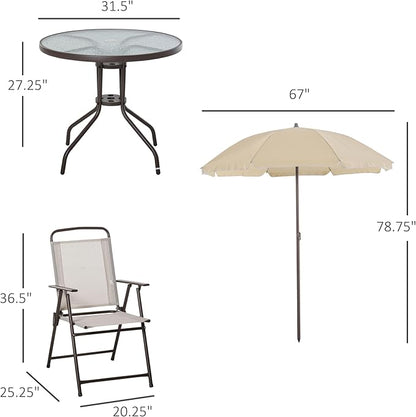 Outsunny 6 Piece Patio Dining Set for 4 with Umbrella, Outdoor Table and Chairs with 4 Folding Dining Chairs & Round Glass Table for Garden, Backyard and Poolside, Beige
