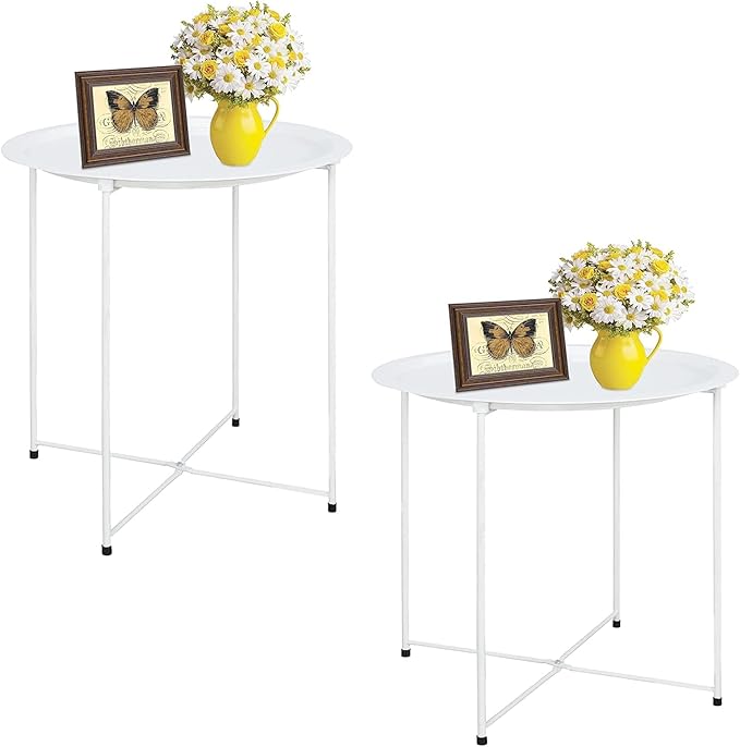 Garden 4 you End Table Metal Side Table Round Folding Tray Cyan Sofa Small Accent Fold-able Table, Round End Table Tray, Next to Sofa Table, Snack Table for Living Room and Bed Room,White