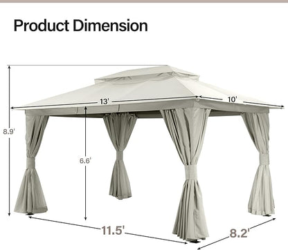 LAUSAINT HOME Semi-Permanent Outdoor Patio Gazebo 10'x13', Heavy Duty Party Tent Shelter with Double Roofs, Mosquito Nettings and Privacy Screens for Backyard, Garden, Lawn, Cream White