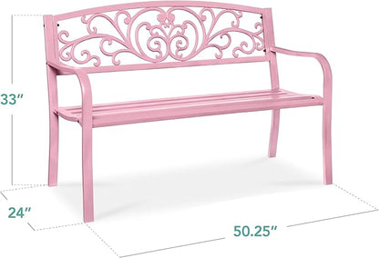Best Choice Products Outdoor Bench Steel Garden Patio Porch Furniture for Lawn, Park, Deck w/Floral Design Backrest, Slatted Seat - Pink