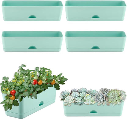 6 Pack Rectangle Planter 16x4.4 Inch Window Boxes Planters Rectangular Large Window Sill Planters Indoor Self Watering Plant Pots with Drainage Holes and Saucers Succulent Herb Flower Pots, Blue