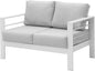 Wisteria Lane Patio Furniture Aluminum Loveseat, All-Weather Outdoor 2 Seats Sofa Couch, White Metal Chair with Light Grey Cushions