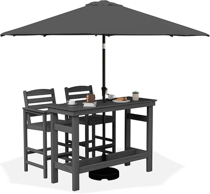 SERWALL Outdoor Bar Set with 9ft Umbrella, All-Weather HDPE Patio Bar Chairs and Table, Outdoor Furniture Set for Poolside, Backyard, Garden - Grey