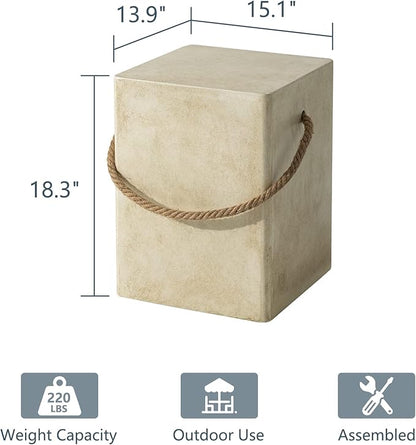 COSIEST Set of 2 Concrete Side Table, Rectangular Outdoor Side Table w Hemp Rope Handles,15''Patio Side Tables End Table, Outdoor Accent Side Table for Garden and Patio, Beige