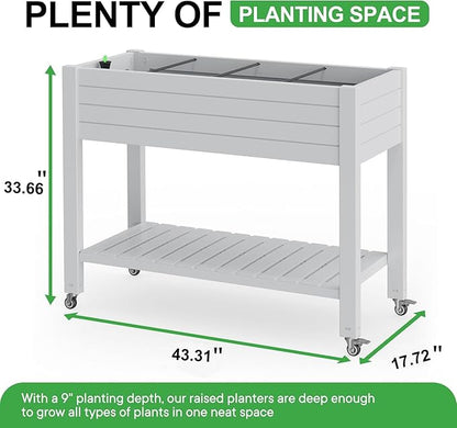 Raised Garden Bed with Legs, 33.66" Tall Self-Watering Resin Planter Box with Lockable Wheels Drainage Plug and Gauge for Vegetables, Flowers, Storage Shelf for Tools and Accessories (Ashen)