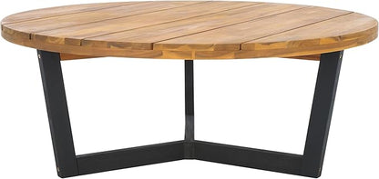 SAFAVIEH Outdoor Collection Leo Natural/Black Solid Wood Round Coffee Table
