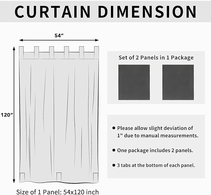 Easy-Going Outdoor Patio Curtains Detachable Tab Top Windproof Weatherproof Curtain for Cabana, Porch, Pergola and Gazebo, Tab Bottom Drape, 2 Panels, 54W x 120L inch, Gray