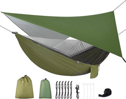 Camping Hammock with Rain Fly Tarp and Mosquito Net Tent Tree Straps, Portable Single Double Nylon Parachute Hammock Rainfly Set for Backpacking Hiking Travel Yard Outdoor Activities Green