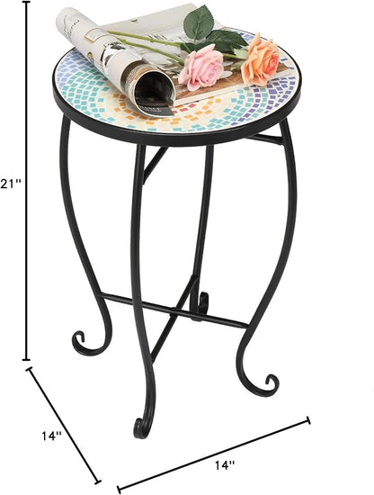 Round Side Table, 14-Inch Metal Plant Stand with Glass Top