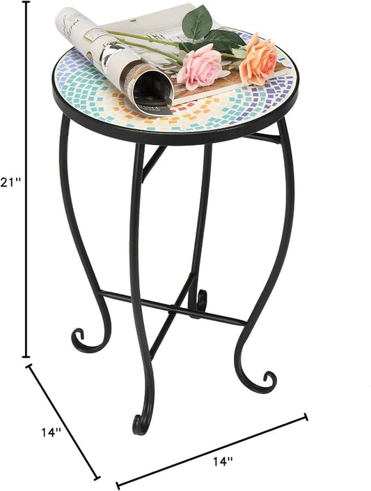 Round Side Table, 14-Inch Metal Plant Stand with Glass Top