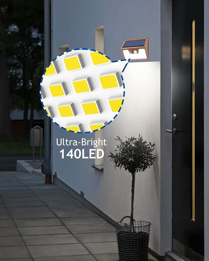 Peasur Solar Lights Outdoor Motion Sensor [1 Pack/140LED/Brown], Ultra-Bright 3 Mode Fence Security Light Waterproof, Solar Wall Lighting for Patio Yard Step House Outside