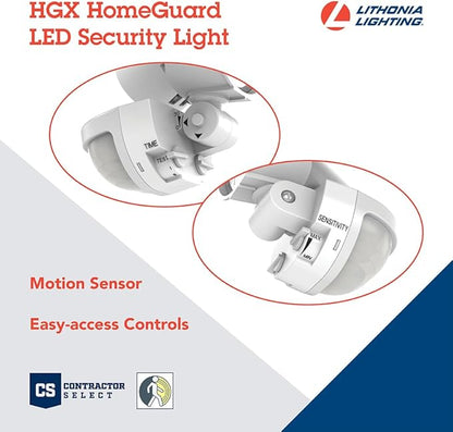 Lithonia Lighting HomeGuard 2-Light LED Outdoor Flood Lights, Motion Sensor Outdoor Lights with Dusk to Dawn, 4000K Cool White, Round Heads, Dark White (HGX LED 2RH 40K 120 MO WH M2)