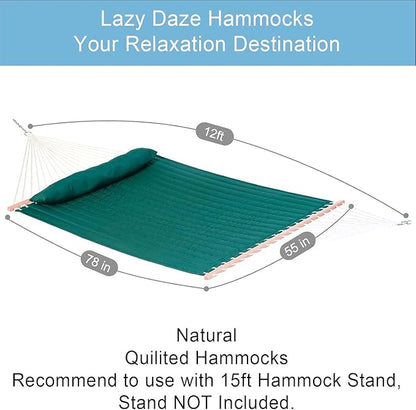 Lazy Daze Hammocks 12 FT Double Quilted Fabric Hammock with Spreader Bar and Detachable Pillow, 2 Person Hammock for Outdoor Patio Backyard Poolside, 450 LBS Weight Capacity, Dark Green