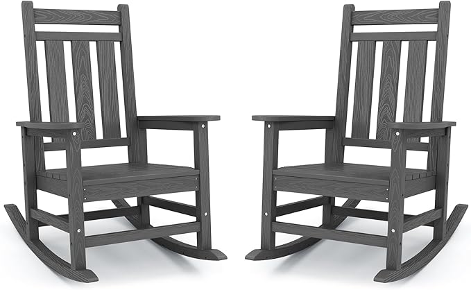 Rocking Chairs Set of 2, Gray HDPE Outdoor Chairs with 350 lb Capacity