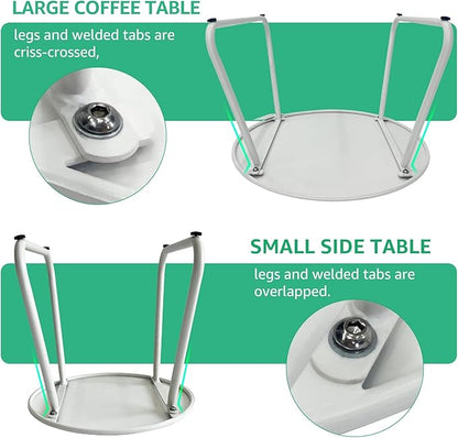 Patio Outdoor Coffee Table Set of 2, Weather Resistant Steel Round End Tables, Outdoor Nesting Table for Patio, Balcony, Bistro and Indoor, Black (White)