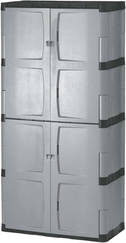 Rubbermaid Freestanding Storage Cabinet Five Shelf with Double Doors Lockable Large 690-Pound Capacity Gray For Garage/Outdoor Garden Tools/Toys/Power Tools/Pool Accessories Grey