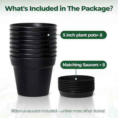 T4U 5 Inch Plant Pot 8-Pack, Plastic Pots with Drainage Hole and Saucer, Decorative Flower Pots Bulk for African Violet, Snake Plant, Succulent and All House Plants Indoor (8pcs 5" Pots, Black)