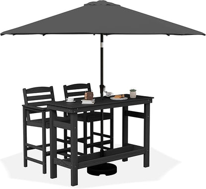 SERWALL Outdoor Bar Set with 9ft Umbrella, All-Weather HDPE Patio Bar Chairs and Table, Outdoor Furniture Set for Poolside, Backyard, Garden - Black