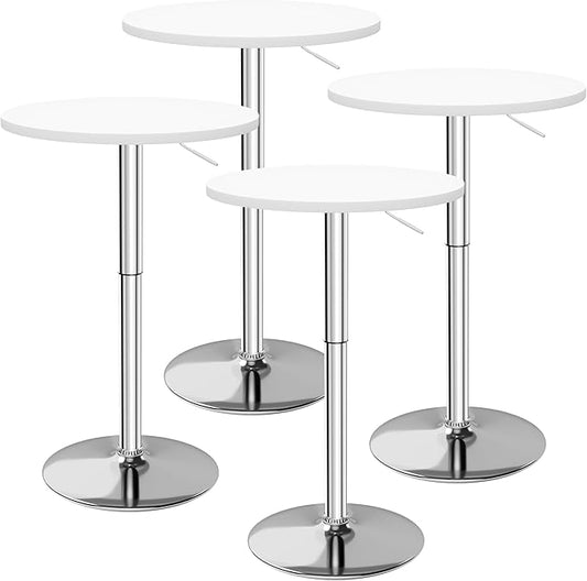 Flamaker Round Bistro Pub Table 23.6 Inch Height Adjustable 360° Swivel Bar Table Metal Base for Pub, Dining Room, Party (4, White-Silver)