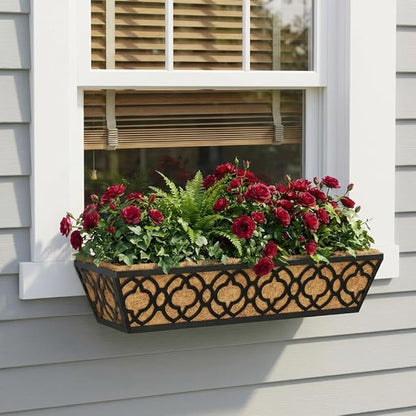 Y&M 24 Inch Window Deck with Coco Liner, Fence Metal Hanging Flower Planter Window Basket Deck Railing Planter Boxes for Outdoor Garden Lawn,6pcs