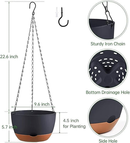 Hanging Planters for Indoor Plants, Set of 2 8/10 Inch Self-Watering Hanging Pots with Drainage Hole & Removable Water-Storage Tray II Screw-in Hooks